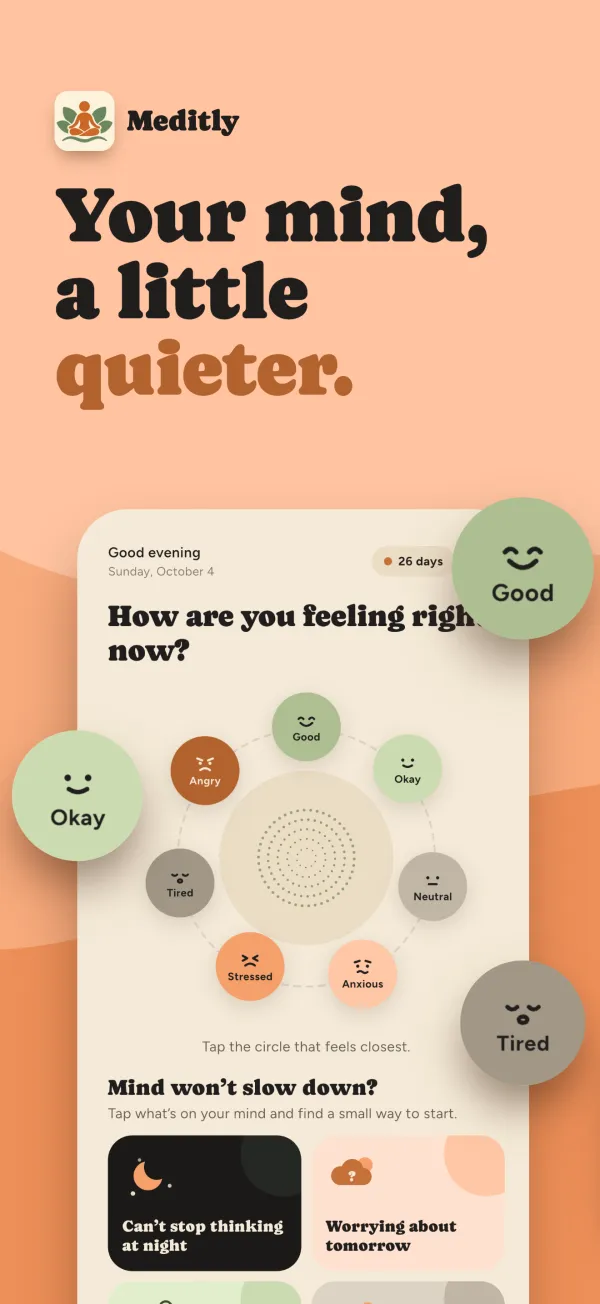 Home screen: How are you feeling right now?, with mood circles