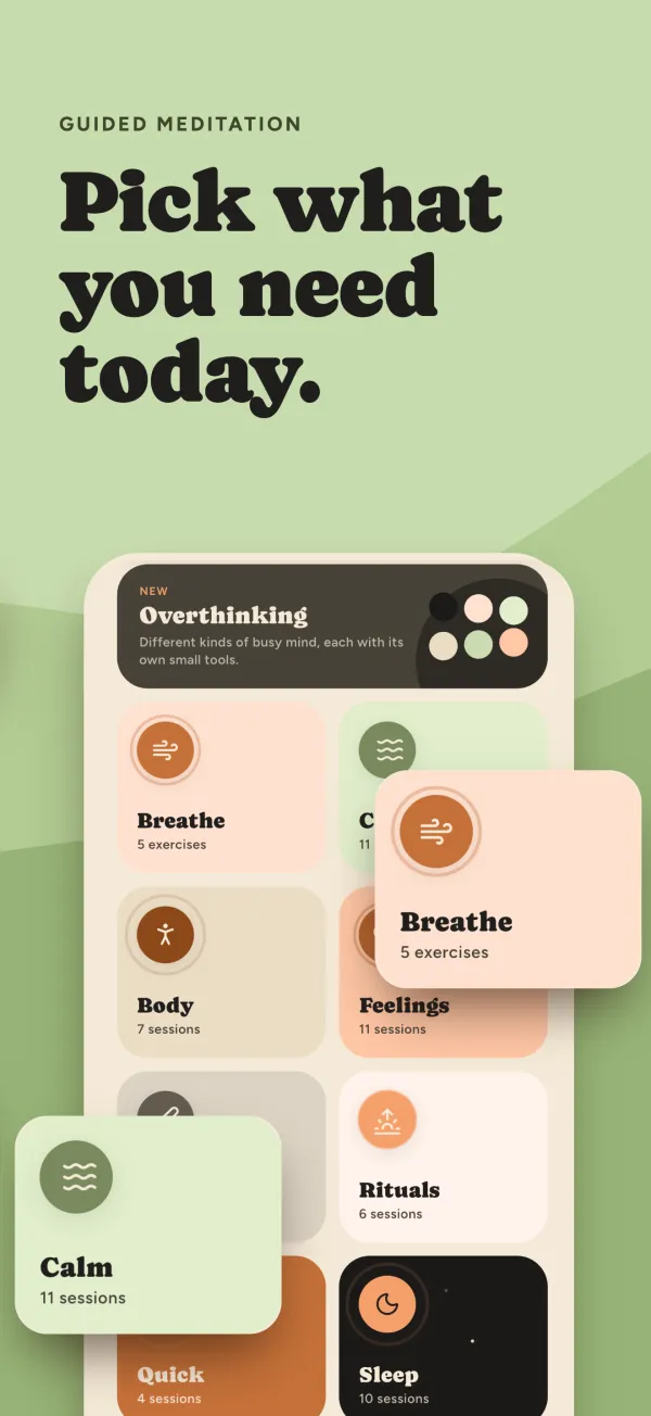 Meditate screen with categories such as Breathe, Calm and Sleep