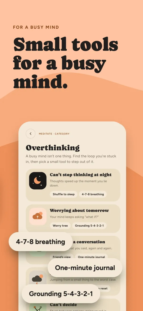 Overthinking screen with small tools for a busy mind