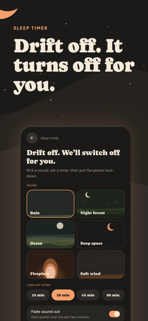 Sleep mode with sounds and a turn-off timer