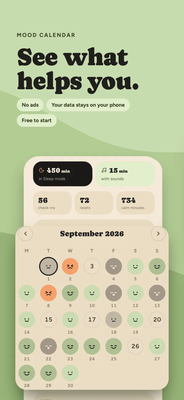 Insights screen with a monthly mood calendar